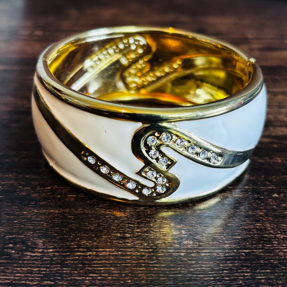 Gold Tone White Enamel Crystal S‎ Curve Hinged Bangle Bracelet Statement Cuff